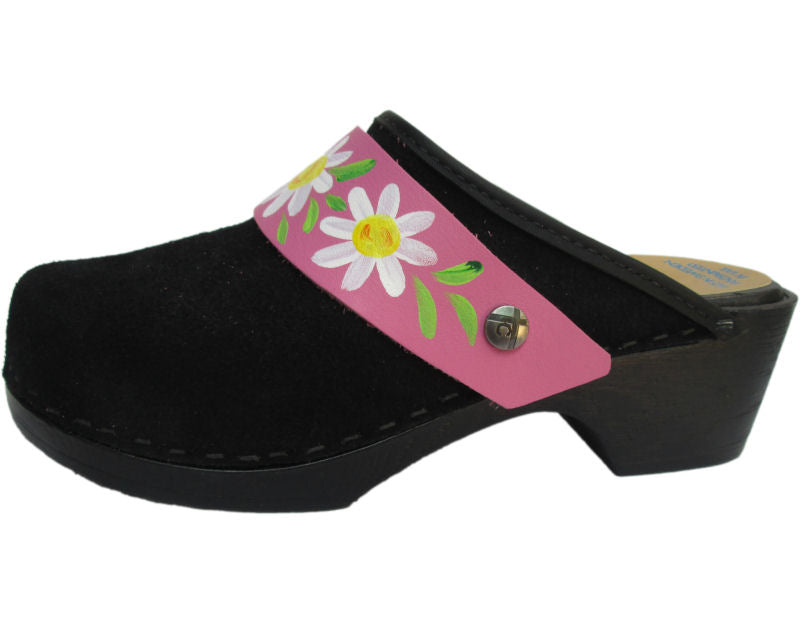 Flexible Tessa Clog in Black Suede and a Pink Daisy Strap