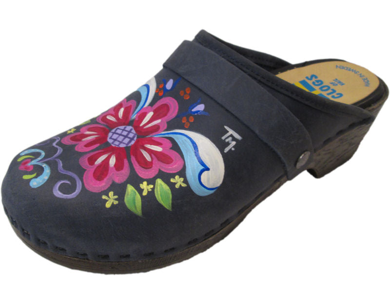 Tessa Flexible Clog on Denim Leather painted in our Petra Design