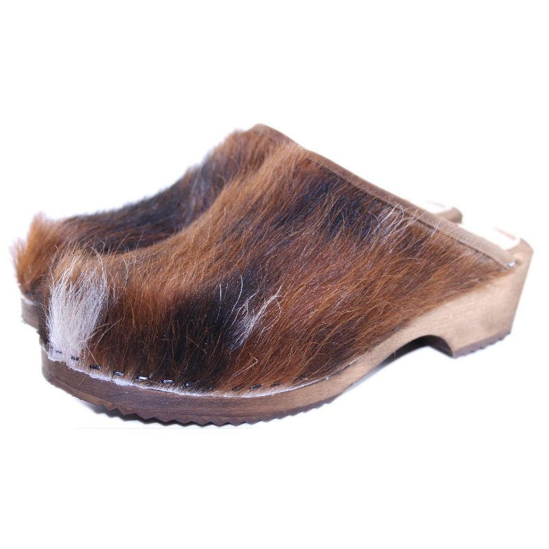 Brown and Black Cow Clogs traditional heel