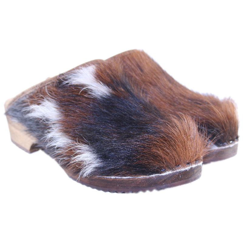 black and Brown Cow Clogs with Brown Stained Wood Sole