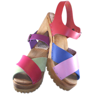 High Heel Mountain Joy Sandal in Multi Colored Leather