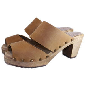 High Heel Two Strap Sandal in Honey Distressed Leather
