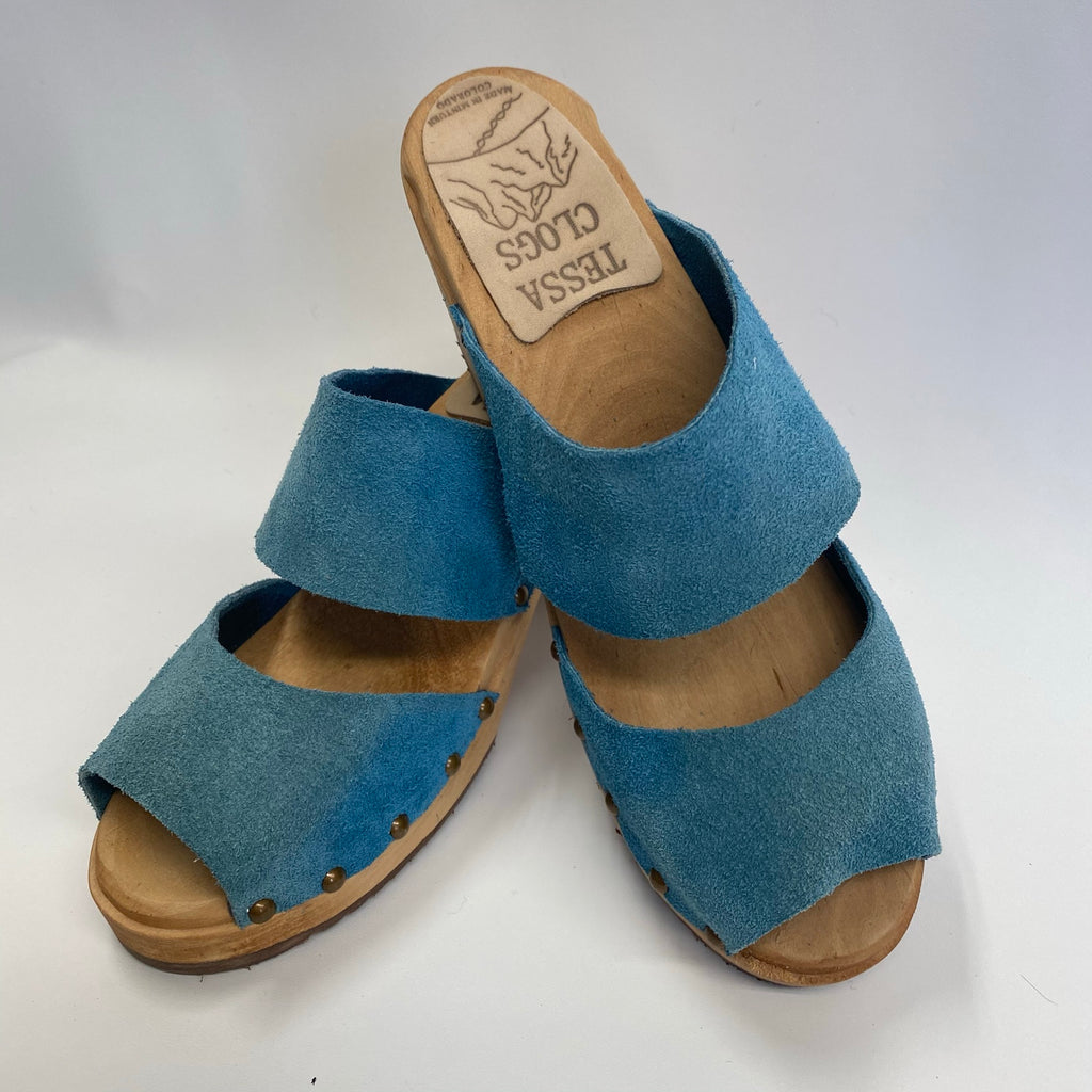 High Heel Hot Two Strap Sky Blue Suede Sandal size 40 - Factory Seconds