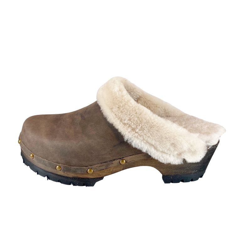 Chocolate Brown Oil Tanned Mountain Clogs with Natural Shearling and decorative nails
