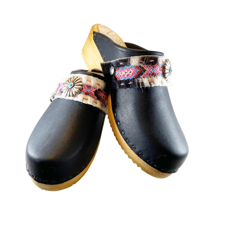 Black Oil Traditional Heel Clog with Boho Strap Ariana