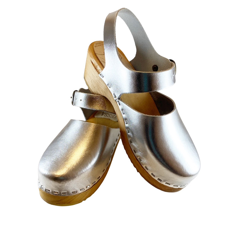 Silver Metallic Leather Moa sandal traditional Heel