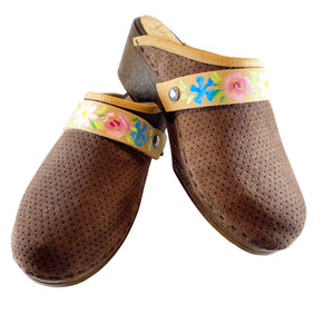 Brown Perforated Suede Flex Clogs with Handpainted Flowerband