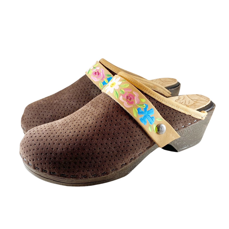 Brown Perforated Suede Flex Clogs with Handpainted Flowerband