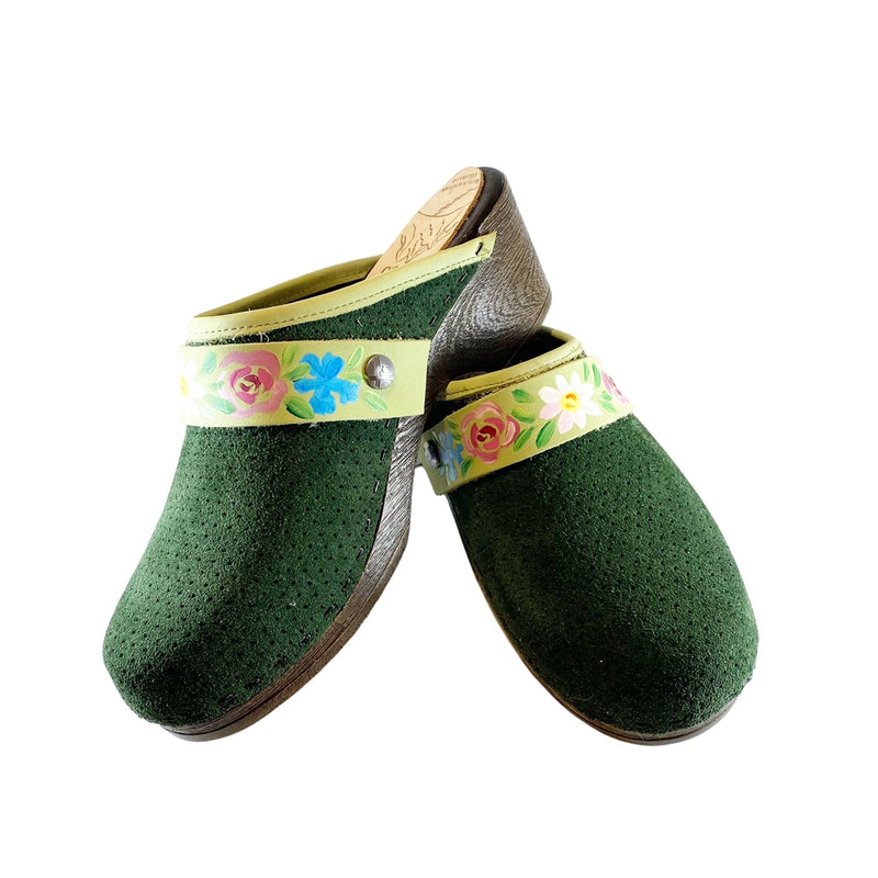 Green Perforated Suede Flex Clogs with Handpainted Flowerband
