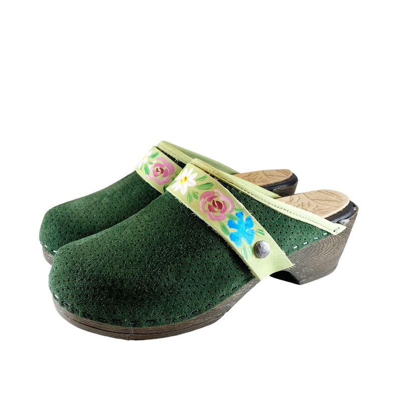 Green Perforated Suede Flex Clogs with Handpainted Flowerband