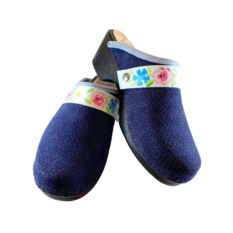 Blue Perforated Suede Flex Clogs with Handpainted Flowerband