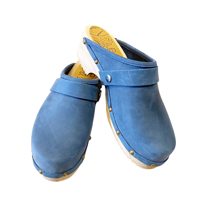 Denim Oiled Tanned Traditional Heel with Decorative Nails and snap strap