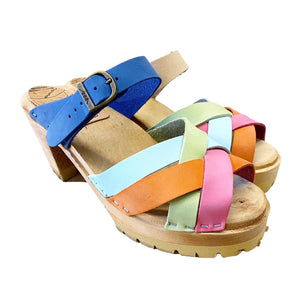 High Heel Mountain Sole Louise Sandal in Multi Colored Leather