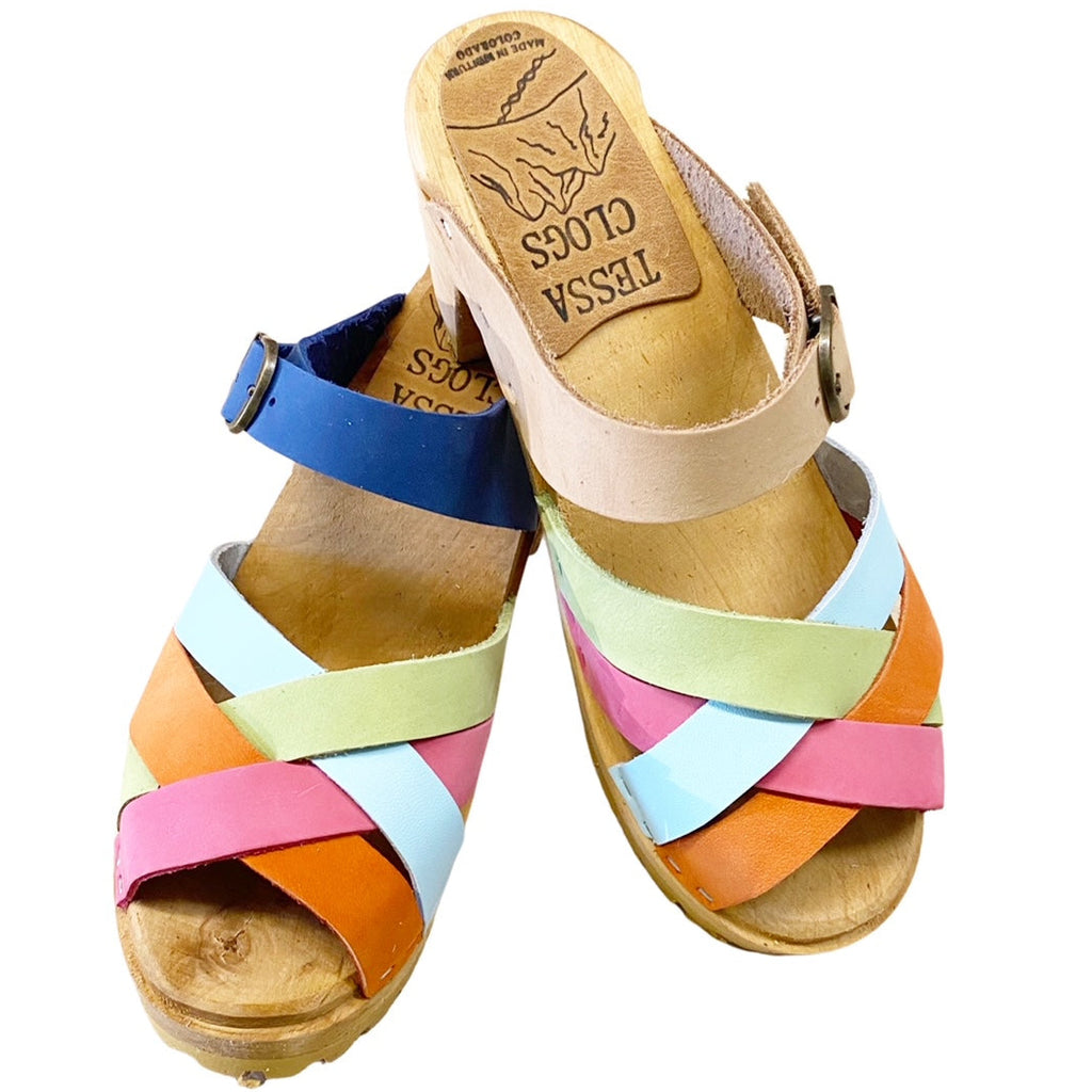 High Heel Mountain Sole Louise Sandal in Multi Colored Leather