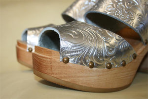 Ultimate High Two Strap Sandal in Silver Embossed Leather