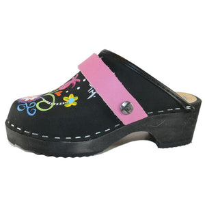 Tessa Kid's hand painted Black Oil Leather with Rebecca design Clog