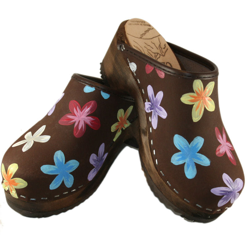 Kid's Brown Oil Annika Traditional Heel Hand Painted Clogs