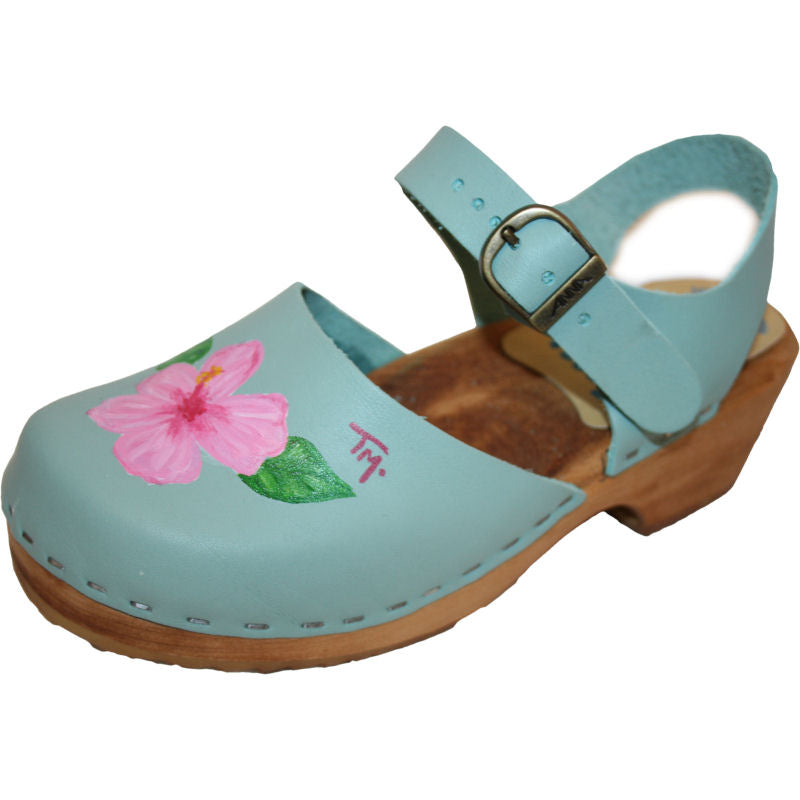 Tessa Clogs in a Kid's hand painted Avery design on Moa Sandal