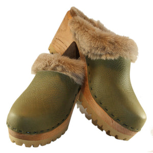 High Heel Mountain Shearling Lined Clogs in Military Olive
