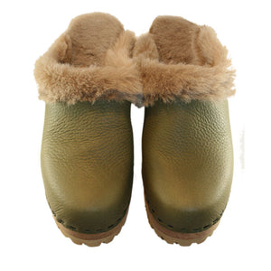 High Heel Mountain Shearling Lined Clogs in Military Olive