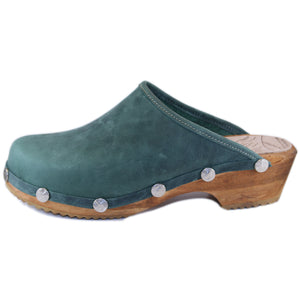 Women's Pine Green Traditional Heel leather Clogs with decorative nails