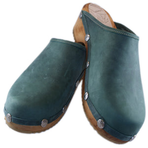 Women's Pine Green Traditional Heel leather Clogs with decorative nails