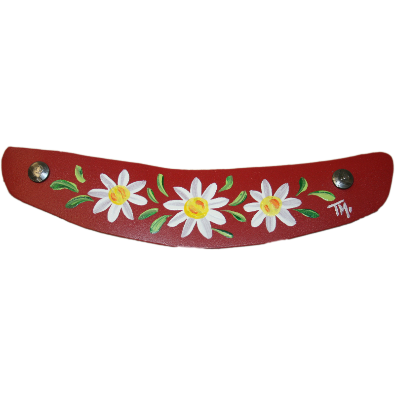 Hand Painted Daisy design on red leather Snap Strap