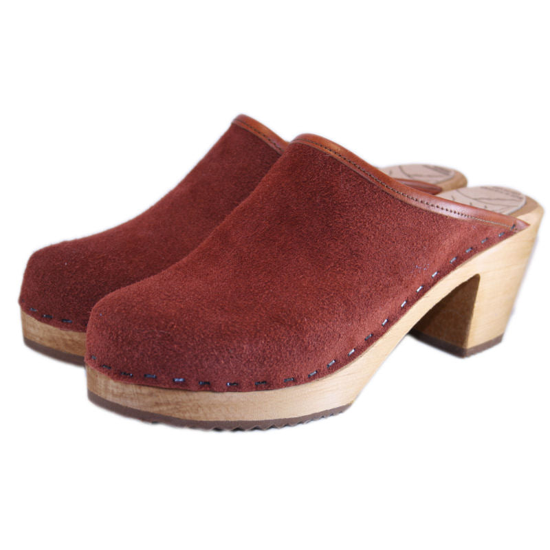 High Heel Rust Suede Snap Strap – Tessa Clogs / Swedish Clog Cabin