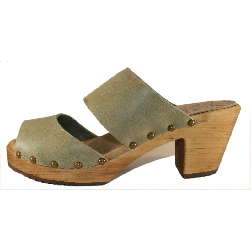 High Heel Two Strap Sandal in Sage Green Leather