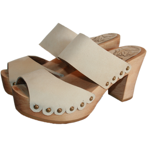 Ultimate high Two Strap Sandal in Sand Nubuck with Scalloped Edge