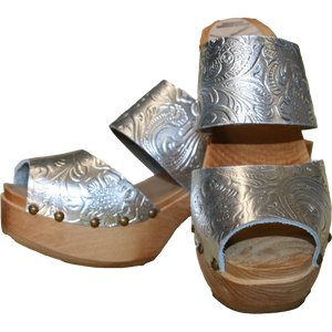Embossed Silver Leather Ultimate High Two Strap Sandal