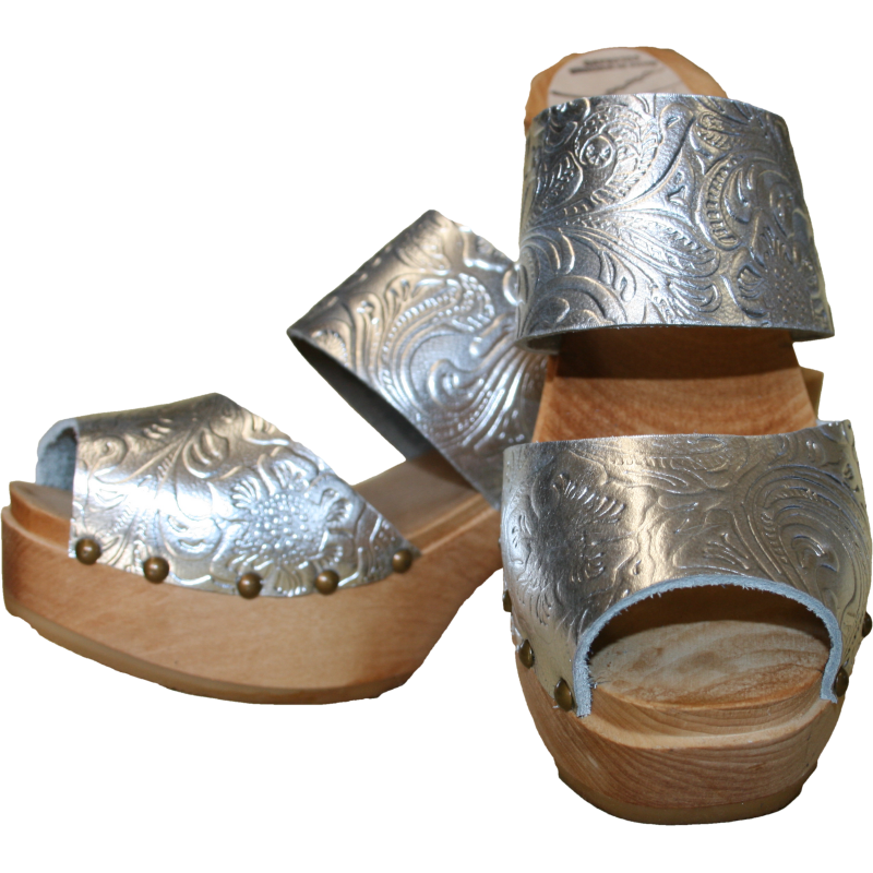 Embossed Silver Leather Ultimate High Two Strap Sandal