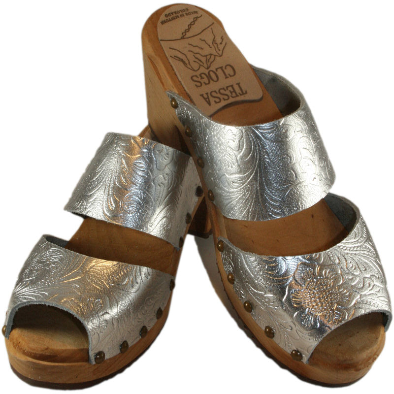 Two Strap Sandal in Silver Embossed Leather on a High Heel