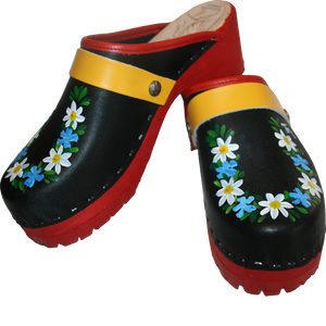 Hand Painted Black and Red  Mountain Clogs with Cornflower design