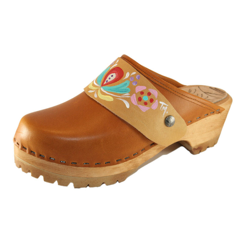 Sunrise Oil Tanned Leather Mountain Clogs with Hand Painted Astrid Strap