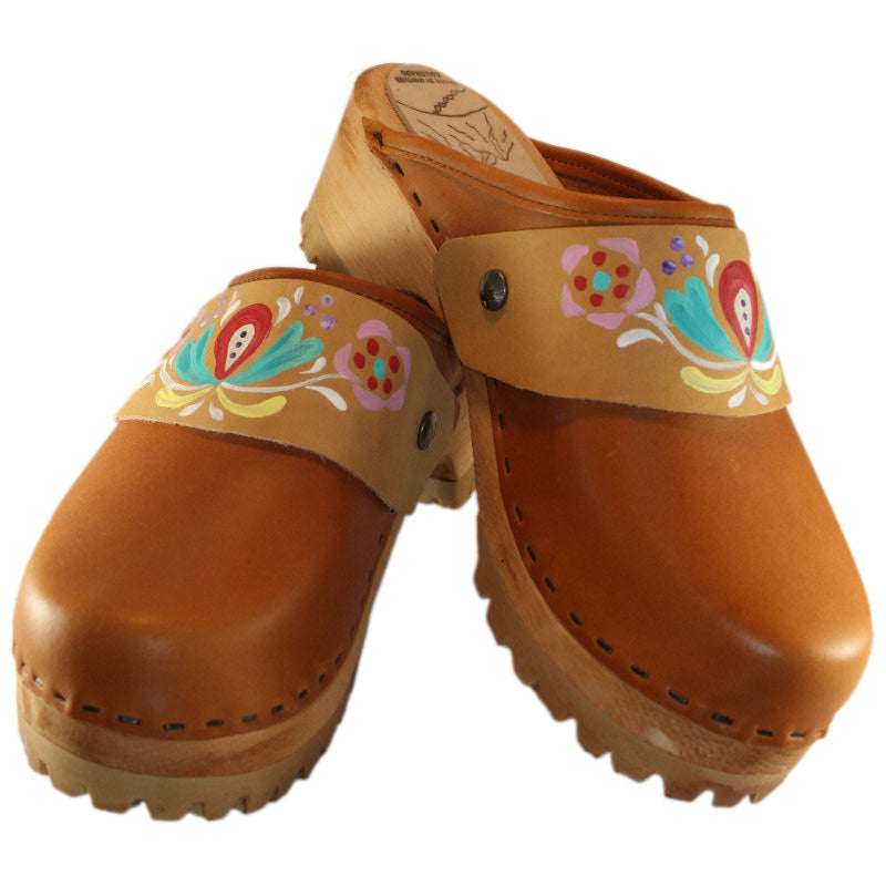 Sunrise Oil Tanned Leather Mountain Clogs with Hand Painted Strap
