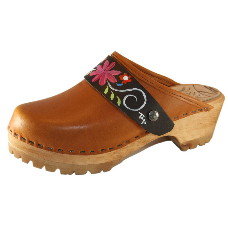 Sunrise Oil Tanned Leather Mountain Clogs with Hand Painted Patti Strap