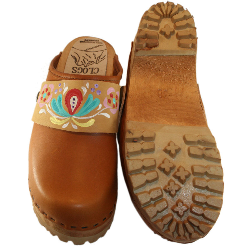 Sunrise Oil Tanned Leather Mountain Clogs with Hand Painted Strap