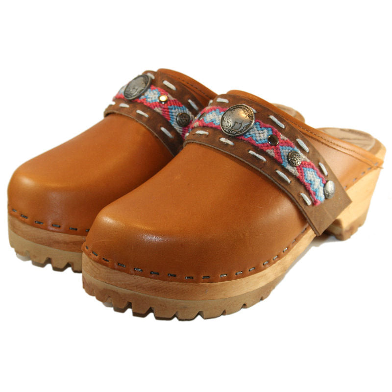 Mountain Sole Clogs In Sunrise Oil Tanned Leather with Limited Edition Boho Strap Clementine