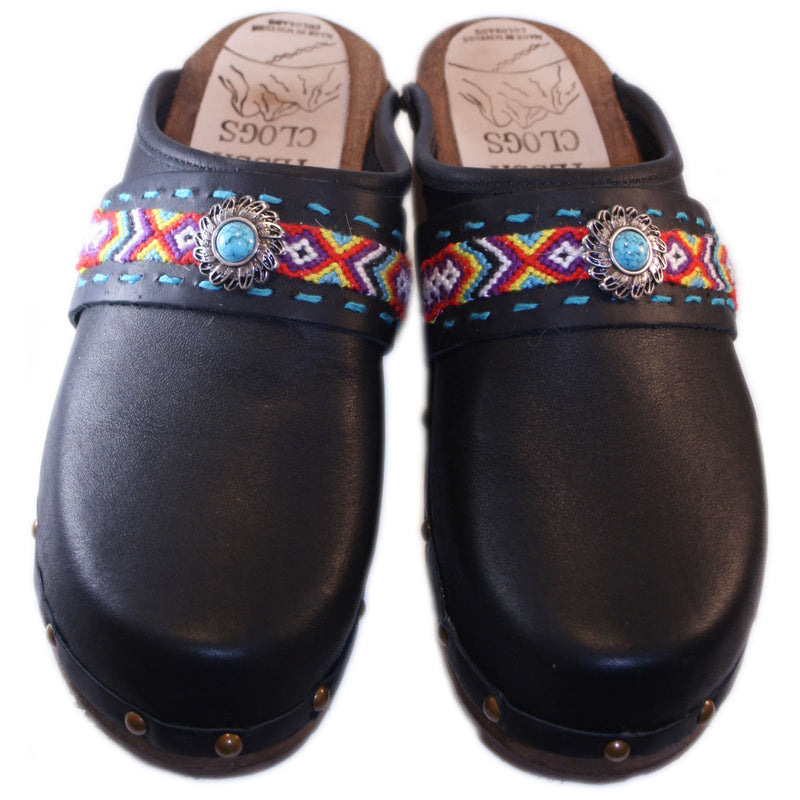 Black Oil Traditional Heel Clog with decorative nails and Boho Strap  August
