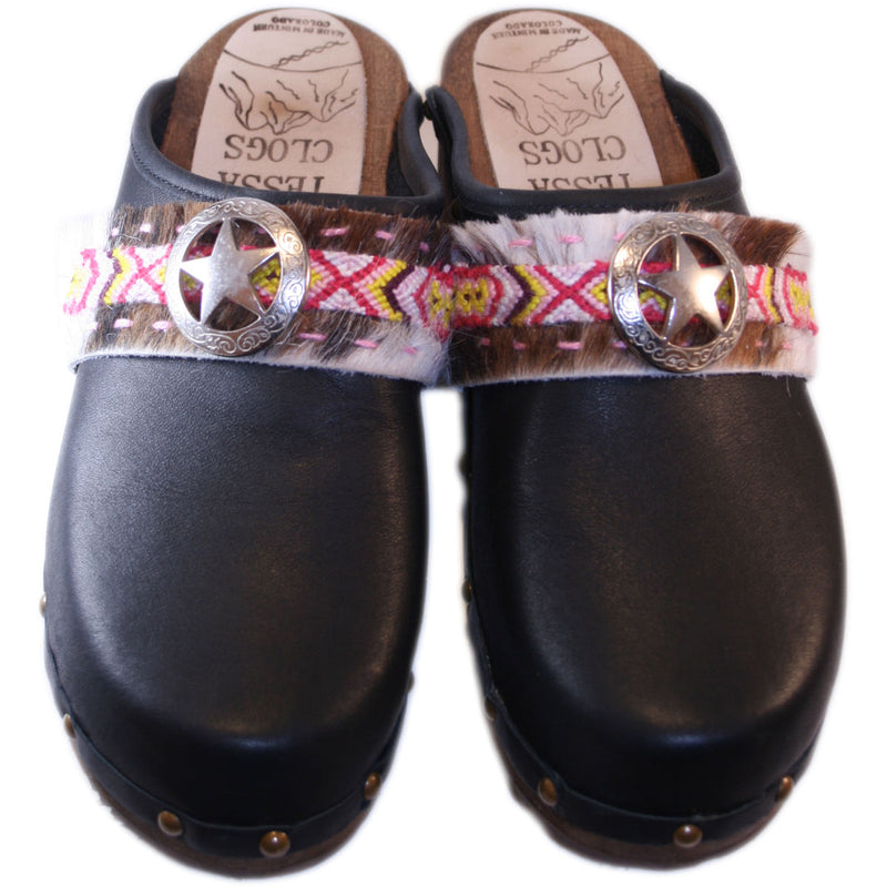 Black Oil Traditional Heel Clog with decorative nails and Boho Strap Austin