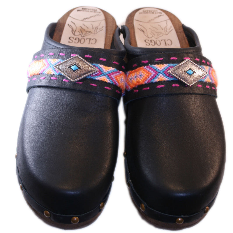 Black Oil Traditional Heel Clog with decorative nails and Boho Strap  Bea