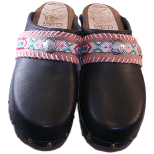 Black Oil Traditional Heel Clog with decorative nails and Boho Strap Breck