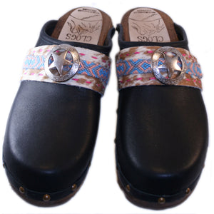 Black Oil Traditional Heel Clog with decorative nails and Boho Strap Cassidy