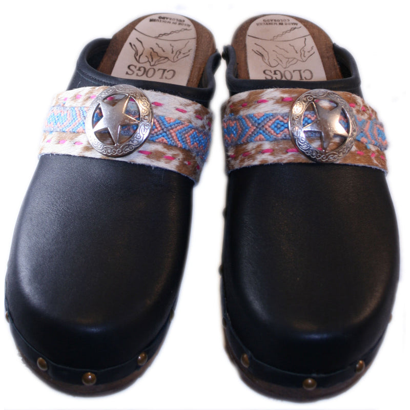 Black Oil Traditional Heel Clog with decorative nails and Boho Strap Cassidy