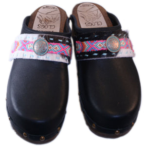 Black Oil Traditional Heel Clog with decorative nails and Boho Strap Taos