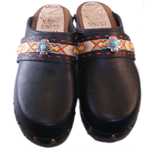 Black Oil Traditional Heel Clog with decorative nails and Boho Strap Ezikiel