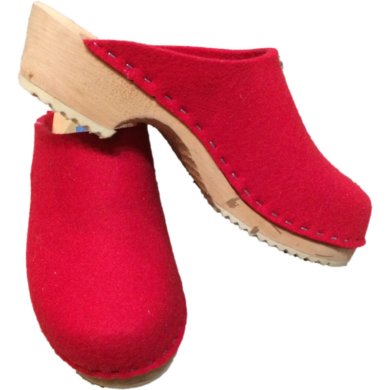 Tessa Traditional Heel Fire Engine Red Felt Wool Clogs