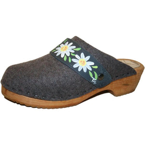 Traditional Heel Tessa Clogs in Gray Felt with hand painted Denim Daisy Strap