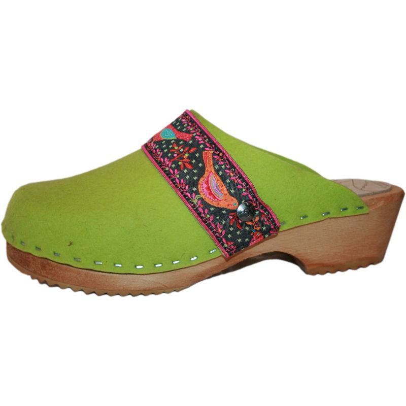 Traditional Heel Tessa Clog in Lime Green Felt with Birds Ribbon Strap